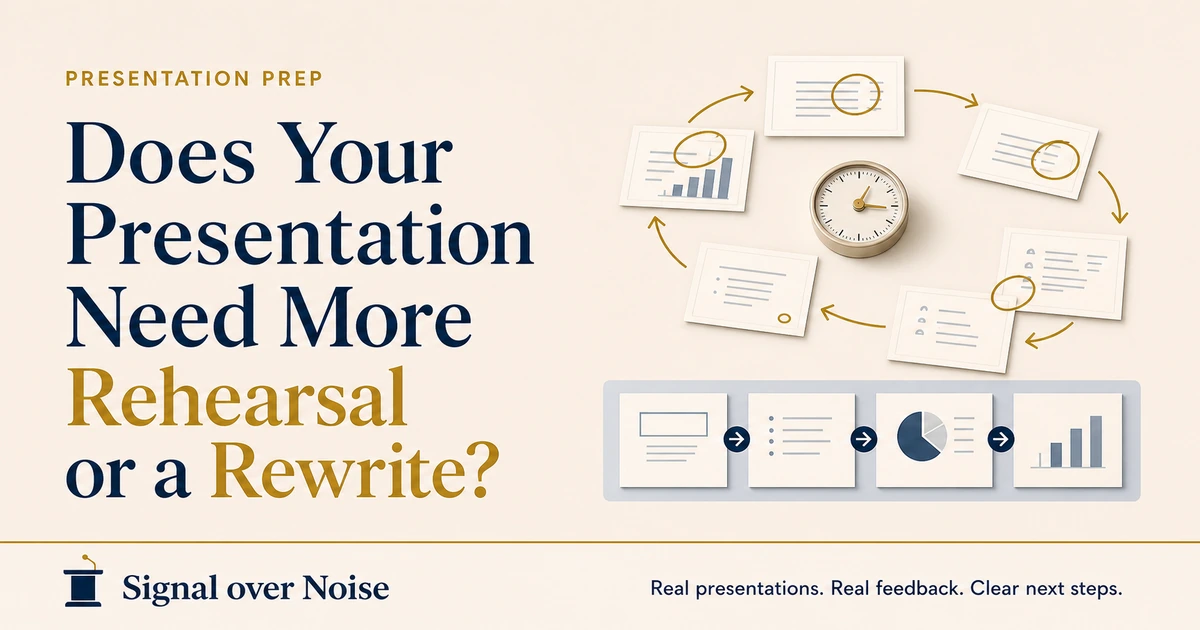Signal over Noise graphic about deciding whether a presentation needs more rehearsal or a rewrite.