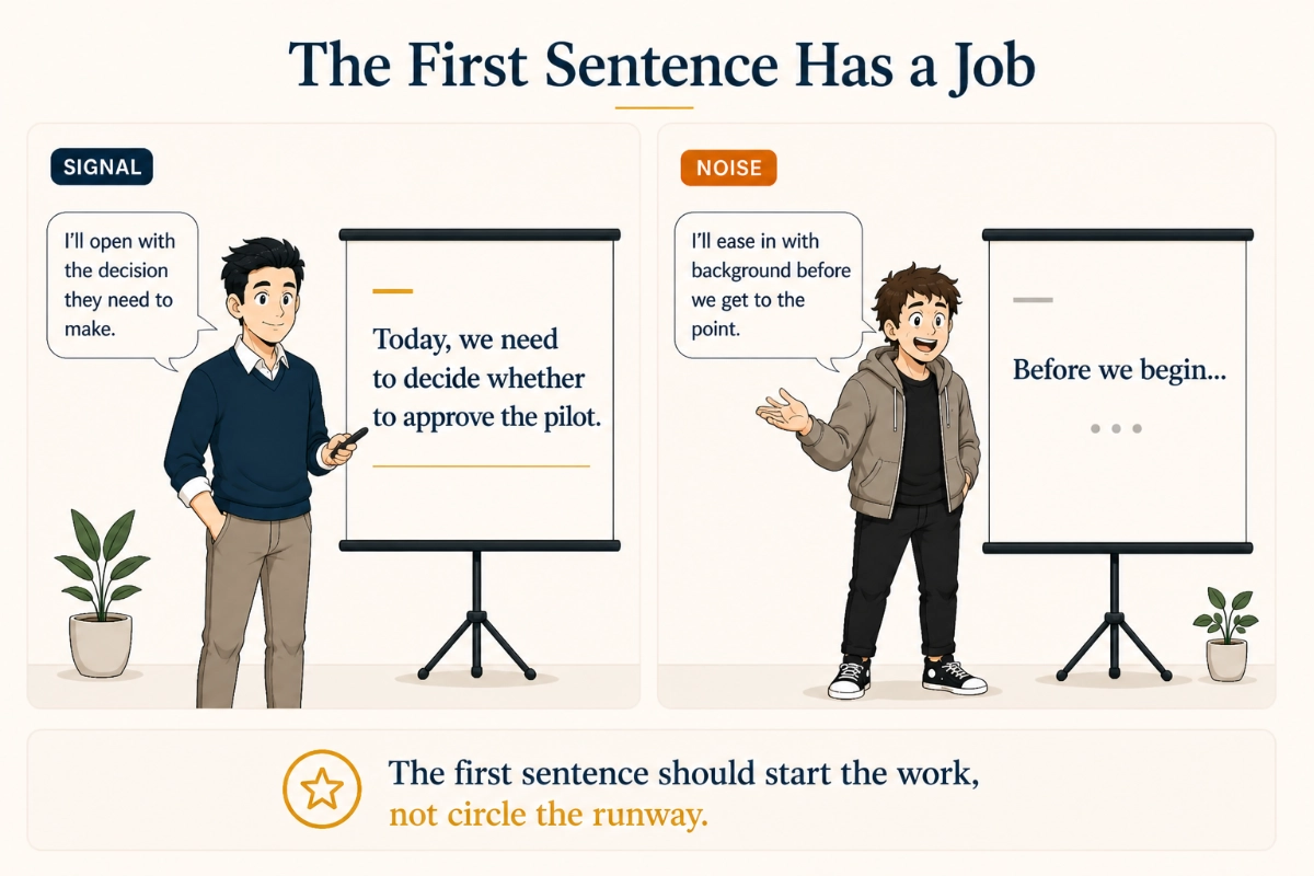 Signal makes the first sentence do a job while Noise opens a high-stakes talk with a weak generic introduction.
