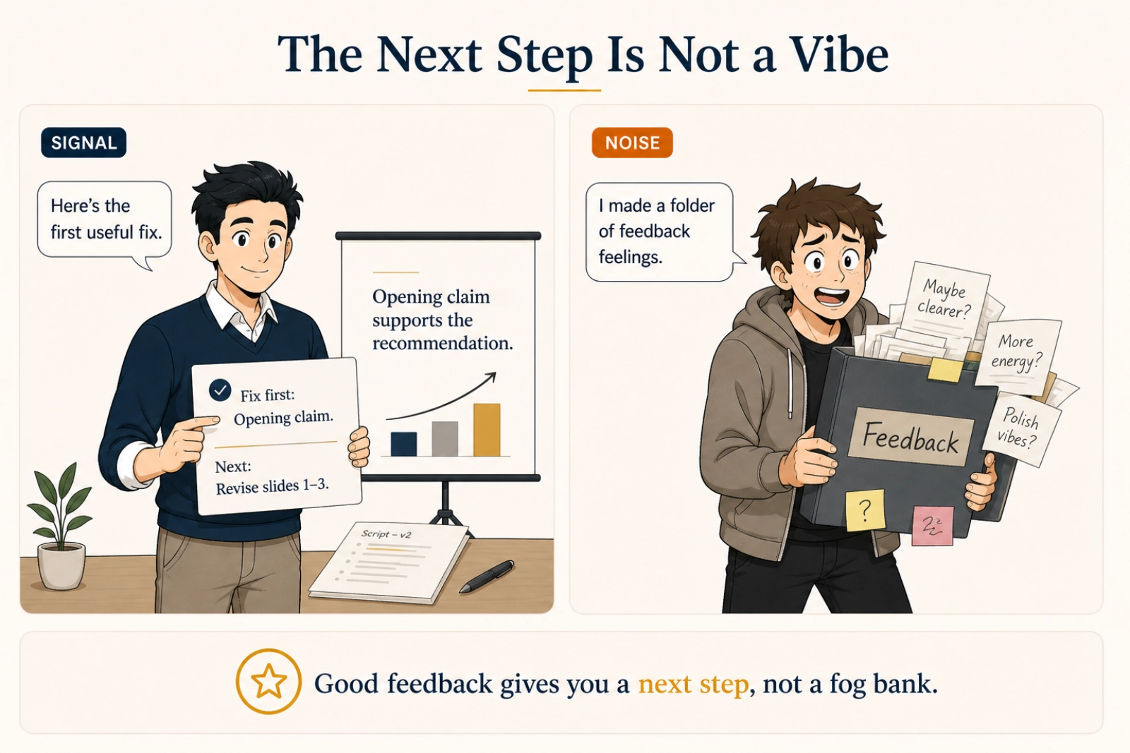 Signal gives one prioritized fix and next action while Noise gives vague feedback feelings.