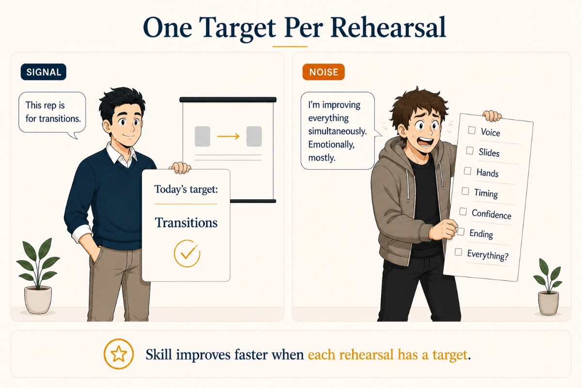 Signal practices one specific rehearsal target while Noise treats presentation skill as vague theory.