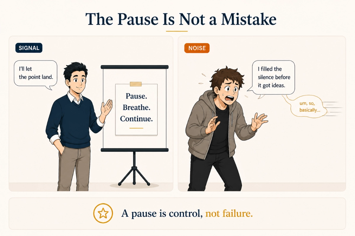 Signal uses a calm pause while Noise fills the silence with filler words.