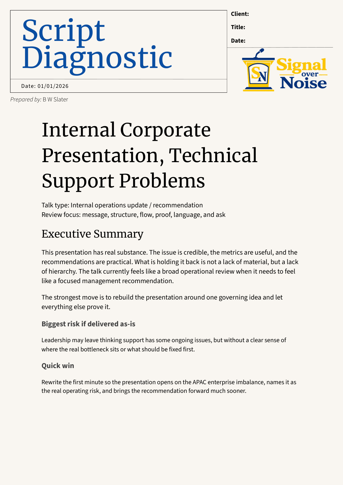Sample Signal over Noise diagnostic report page with visible executive summary and top fixes