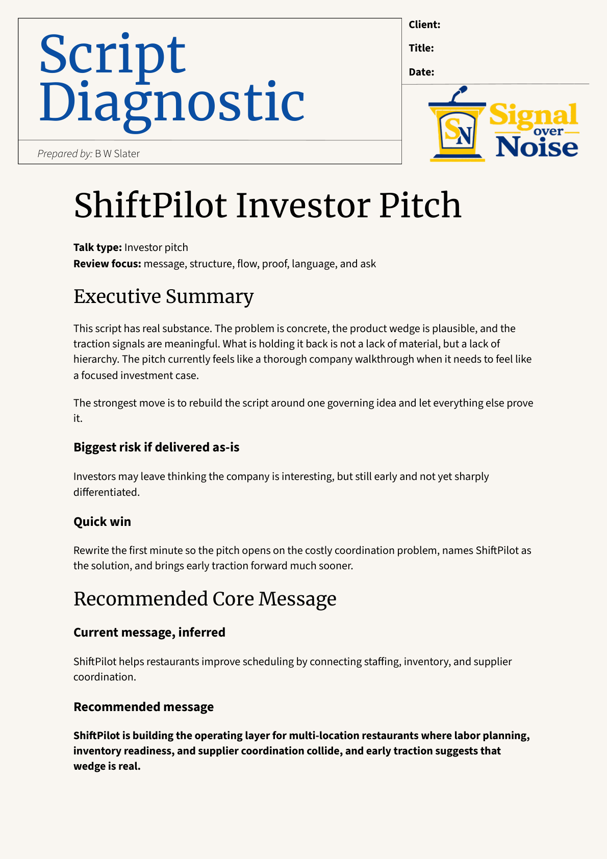 Preview of the ShiftPilot investor pitch diagnostic PDF